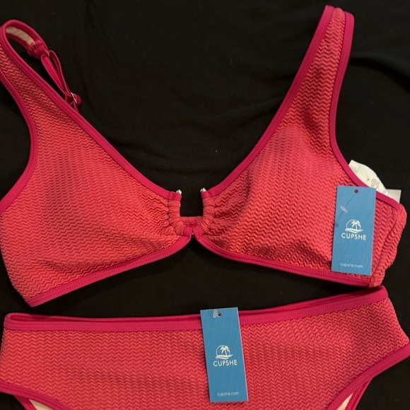 NWT Cupshe Pink Wave U-Ring Bikini Top & High-Rise Bottoms Set - Picture 2 of 5